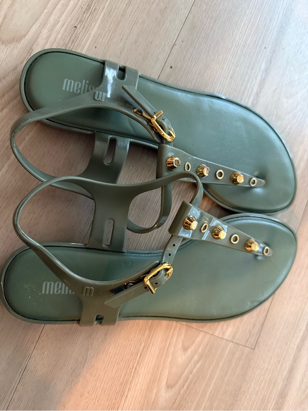 Melissa Olive Green Jelly T-Strap Sandals with Gold Studs